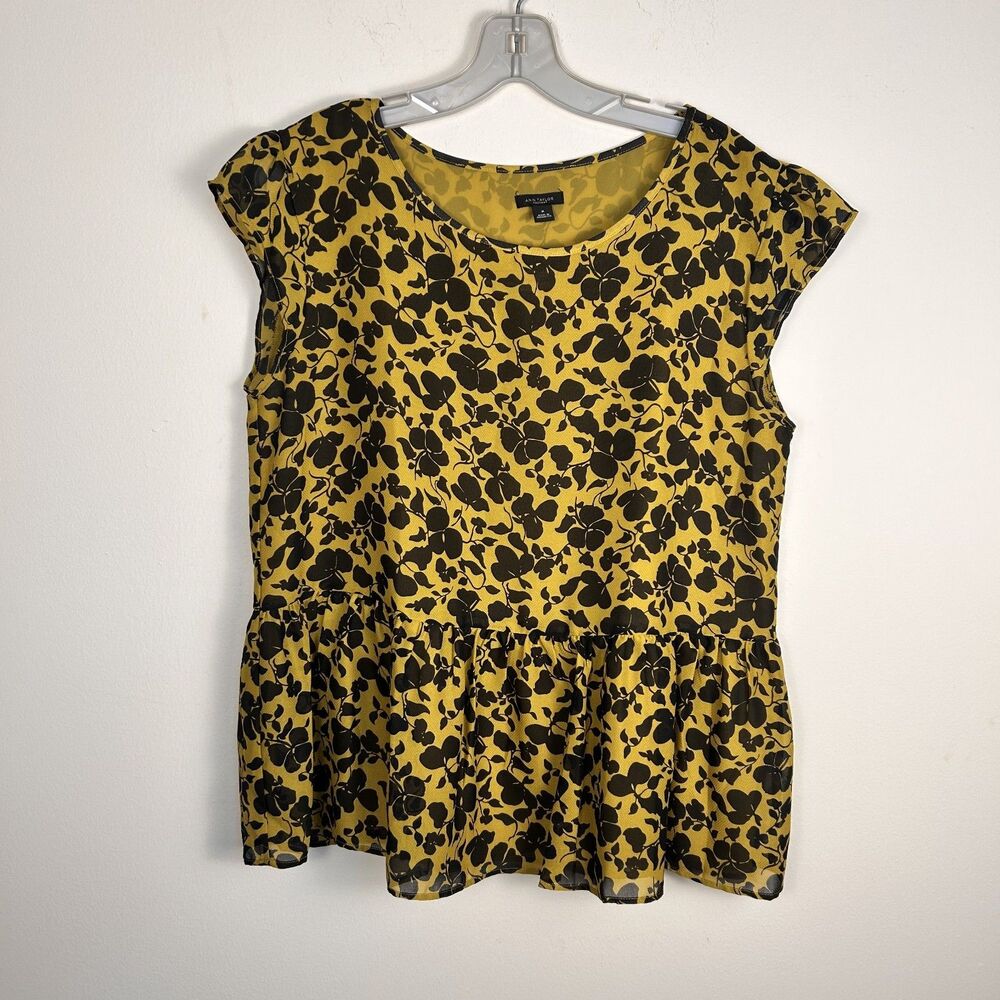 Ann Taylor Womens Medium Yellow Floral Peplum Top Cap Sleeve Blouse